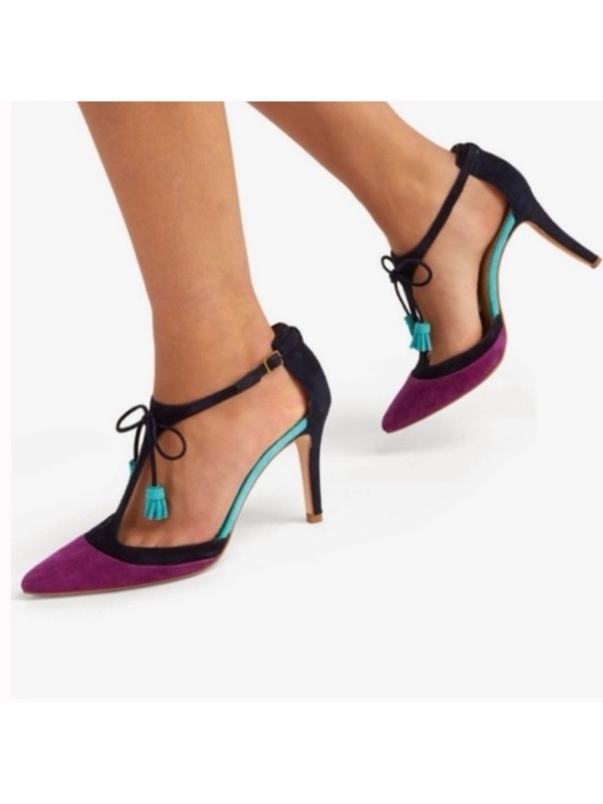 Boden Shoes - Boden Alice Suede Amethyst Navy Turquoise Tassel T-Strap Pointed Toe Heels EU 37